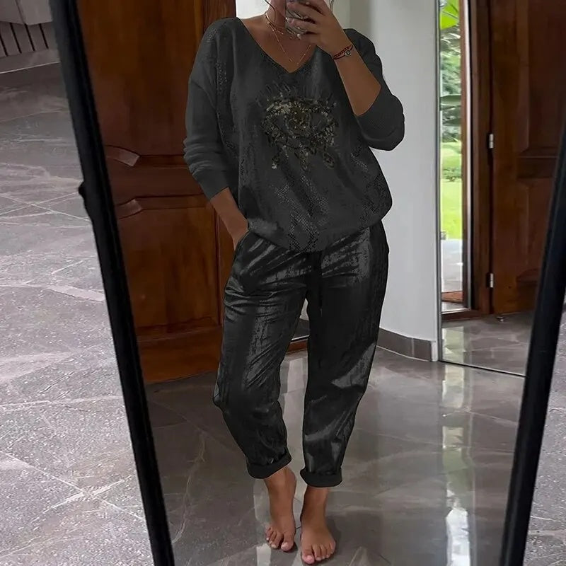 Icone™ SequinSet: Afslappet Skinnende Ond Øje Top Og Bukser Paillet Sæt