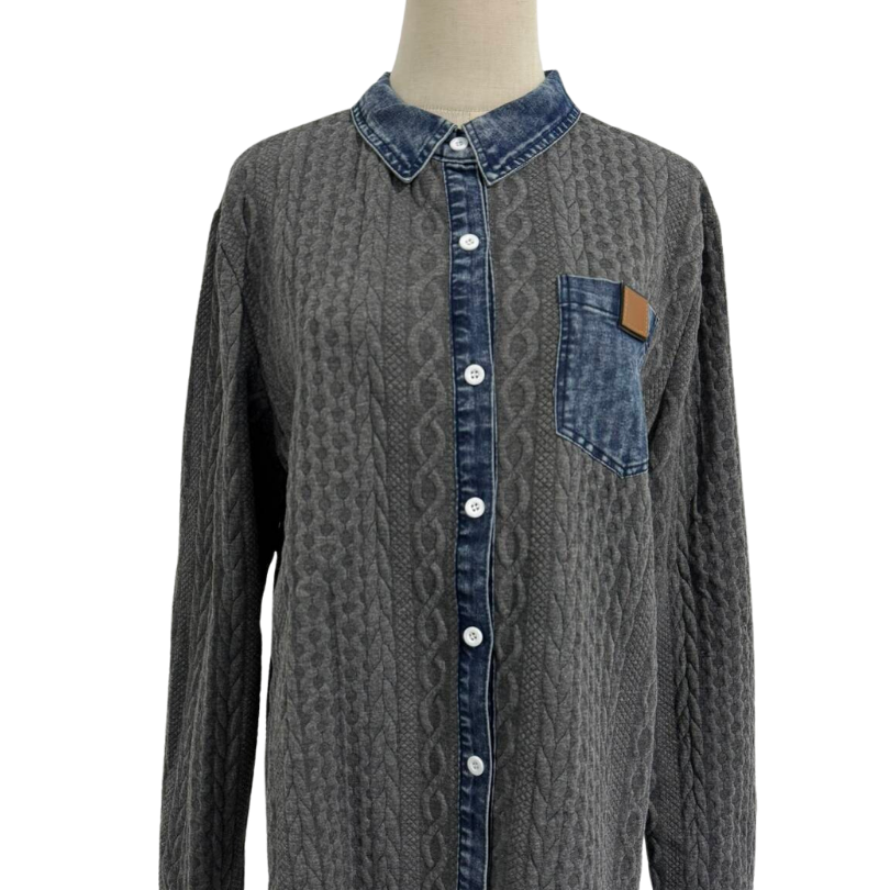 Icone™ DenimKnitwear: Dame med krage patchwork knappe-ned denimstrikk