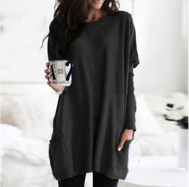 Icone™ PocketBlouse: Lang Erme Løs Avslappet Lommebluse