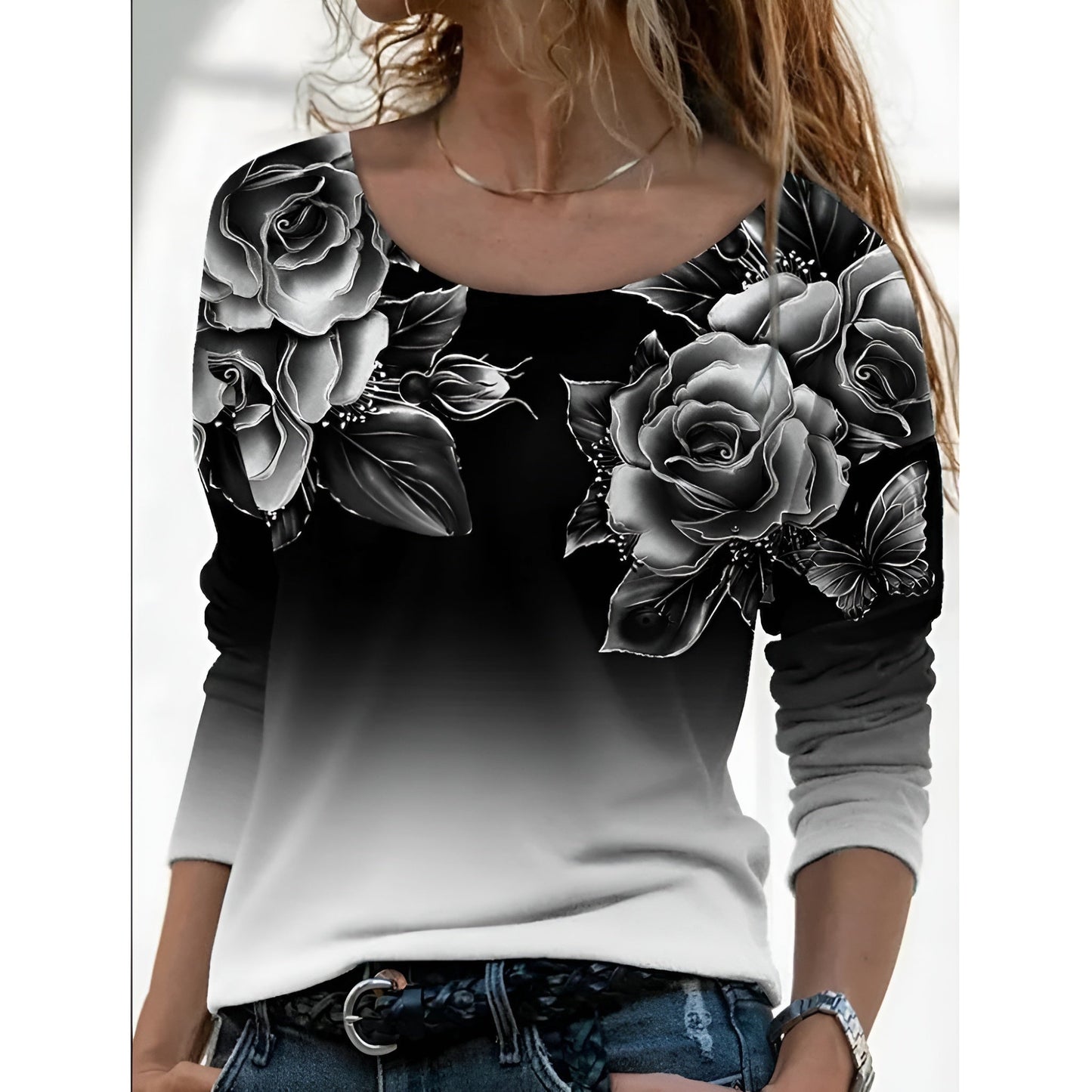 Icone™ FloralLongsleeves: Dame Avslappet Komforttopp Rund Hals Blomstret Langermet