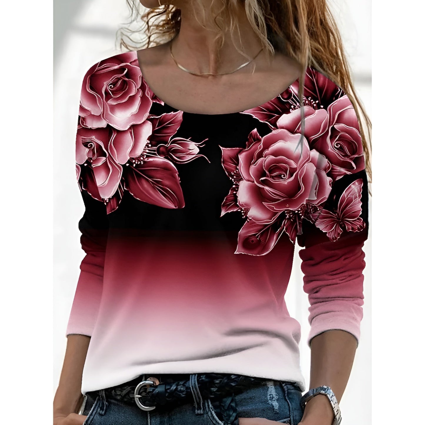 Icone™ FloralLongsleeves: Dame Avslappet Komforttopp Rund Hals Blomstret Langermet