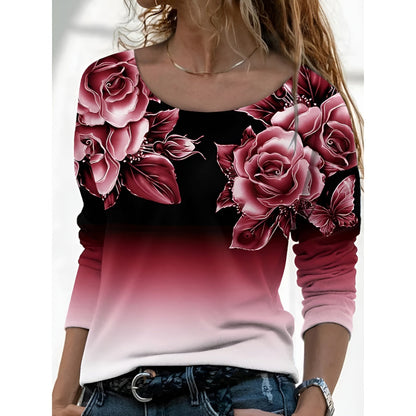 Icone™ FloralLongsleeves: Dame Avslappet Komforttopp Rund Hals Blomstret Langermet