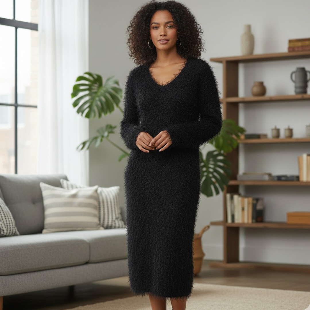 Icone™ CozyDress: Kvinners Elegante Myke Fuskepels V-hals Maxi Koselig Kjole