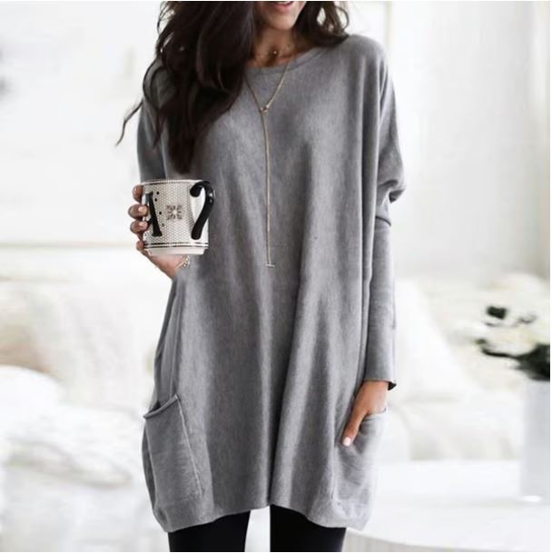 Icone™ PocketBlouse: Lang Erme Løs Avslappet Lommebluse