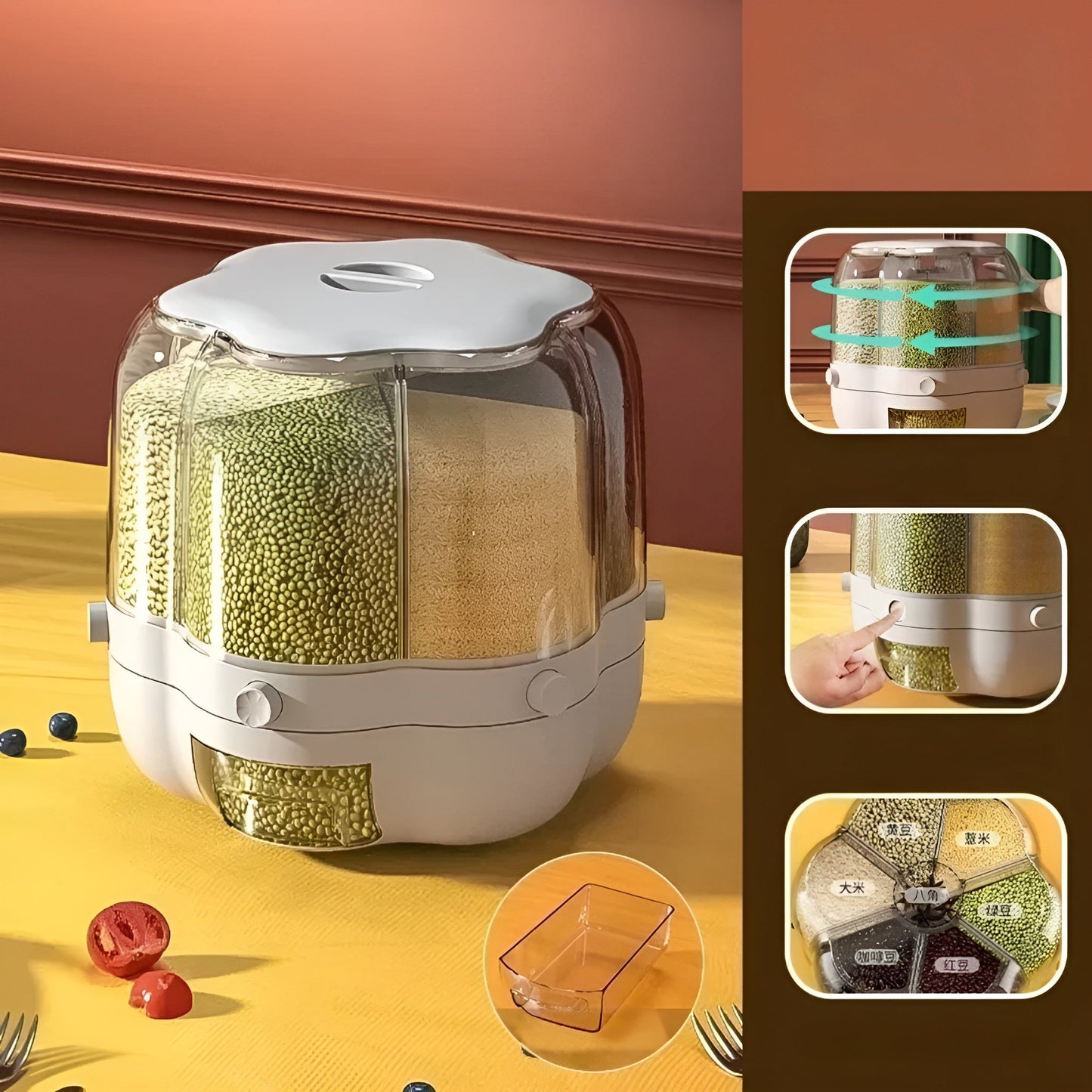 Globetrek° RotatableContainer: Stilfuld Multifunktionel 6-Rums Korn Roterbar Beholder