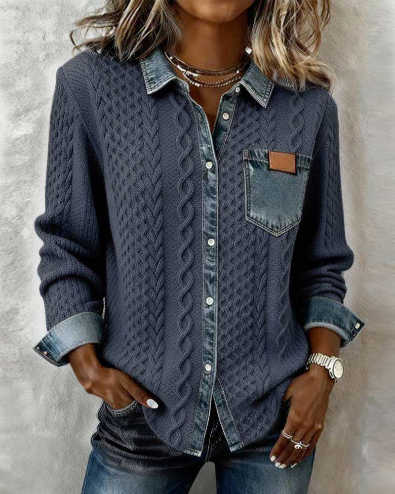 Icone™ DenimKnitwear: Dame med krage patchwork knappe-ned denimstrikk