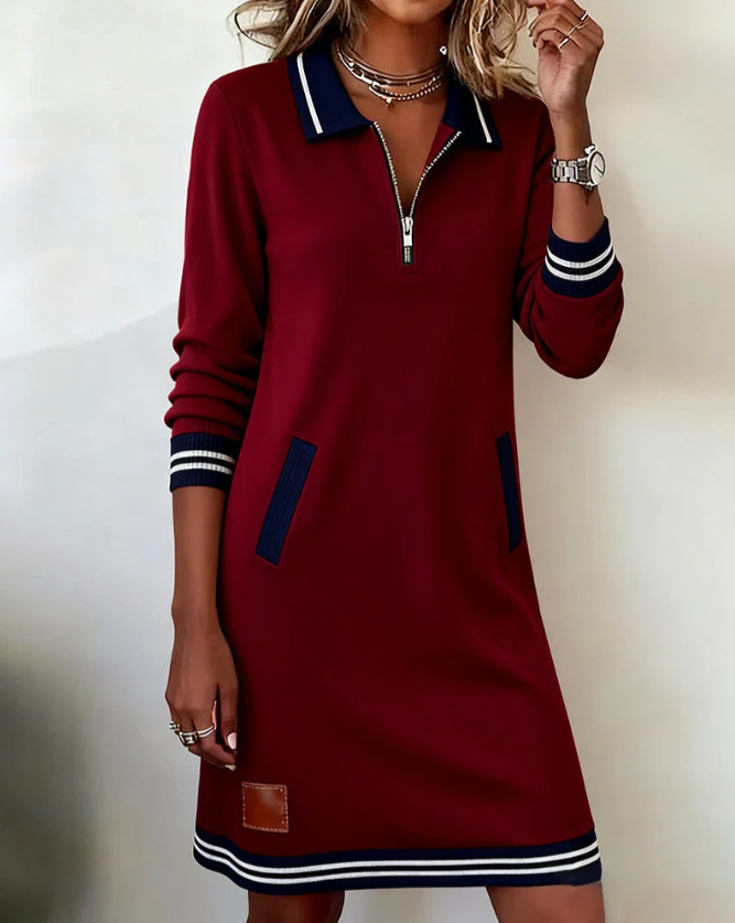 Icone™ ChicDress: Kvinners Uformelle Langermede Halv-glidelås Mini Chic Kjole