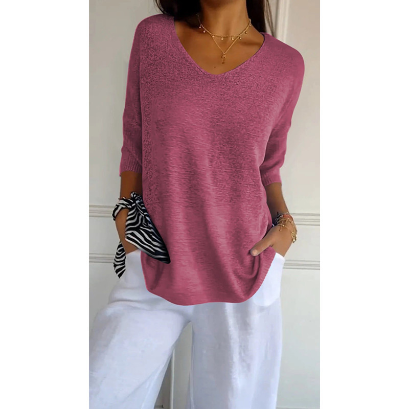 Icone™ KnittedTop: Kvinner V-hals Midt-ermet Lett Strikket Topp