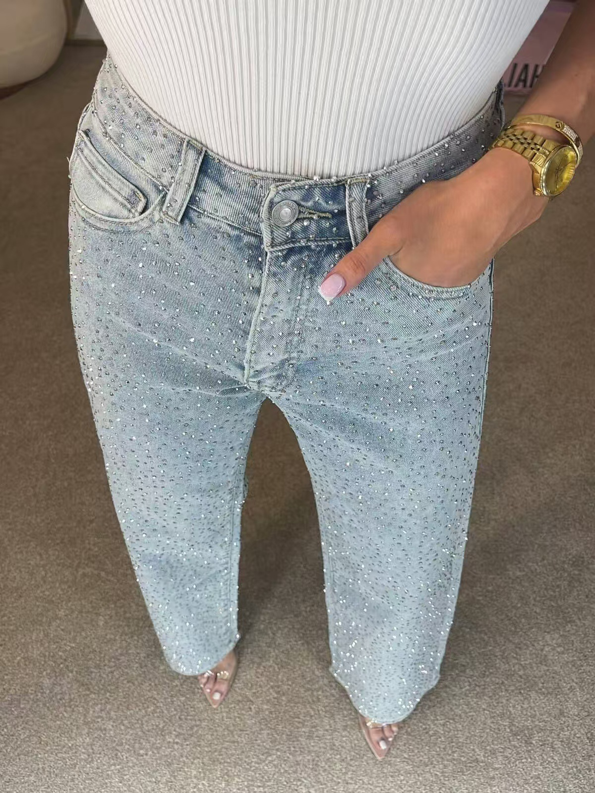 Icone™ SparklingJeans: Rhinsten-Udsmykkede Højtaljede Lige-Ben Mousserende Jeans Med Bælte
