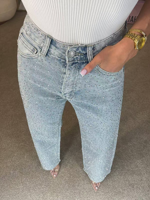 Icone™ SparklingJeans: Rhinsten-utsmykkede Jeans med Høy Midje, Rette Ben og Belte
