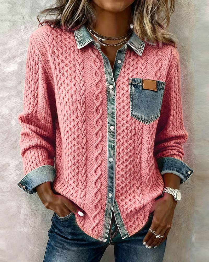Icone™ DenimKnitwear: Dame med krage patchwork knappe-ned denimstrikk