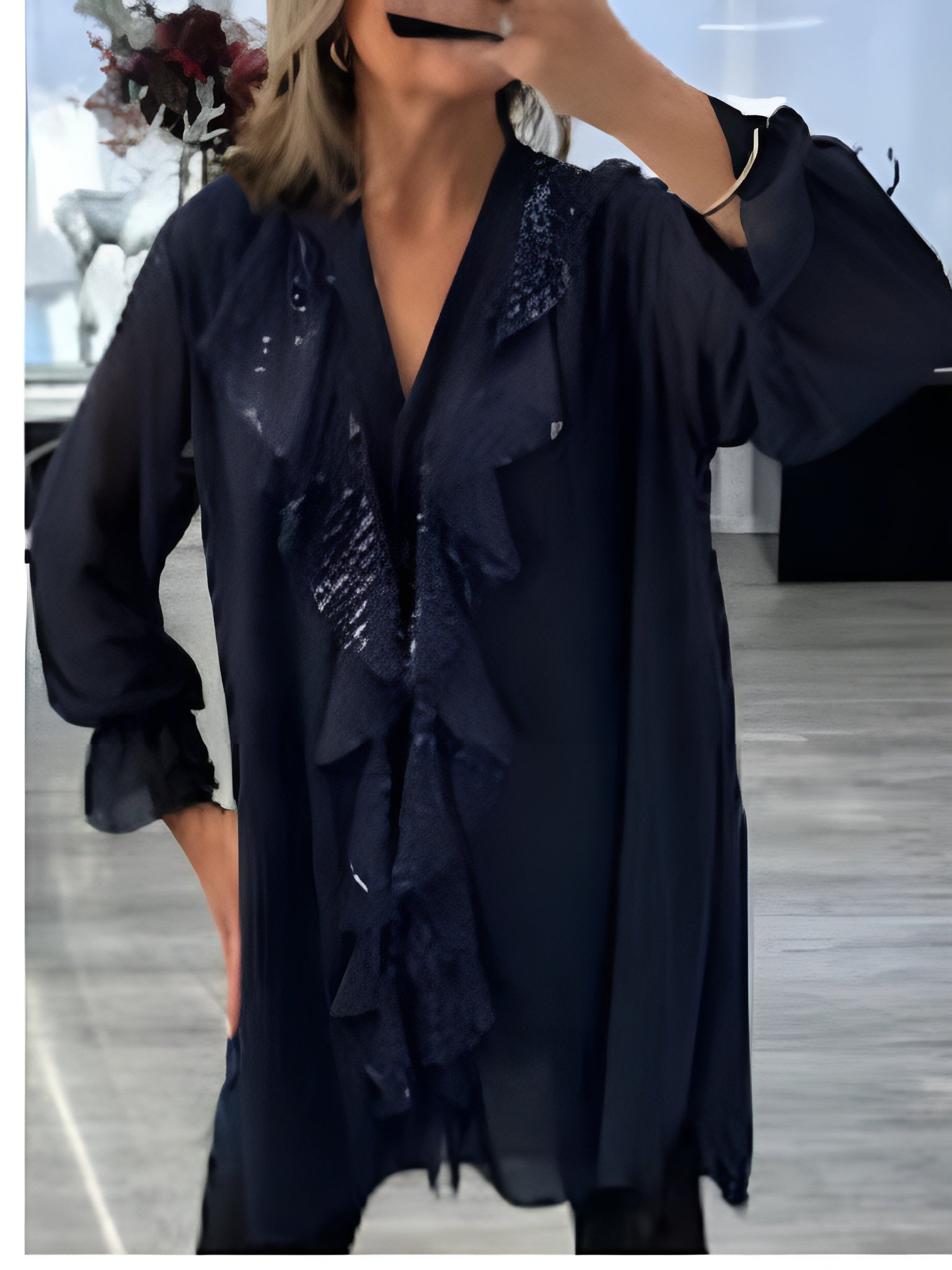 Icone™ SequinBlouse: Dame Rysjet V-hals Løs Passform Lang Paljettbluse
