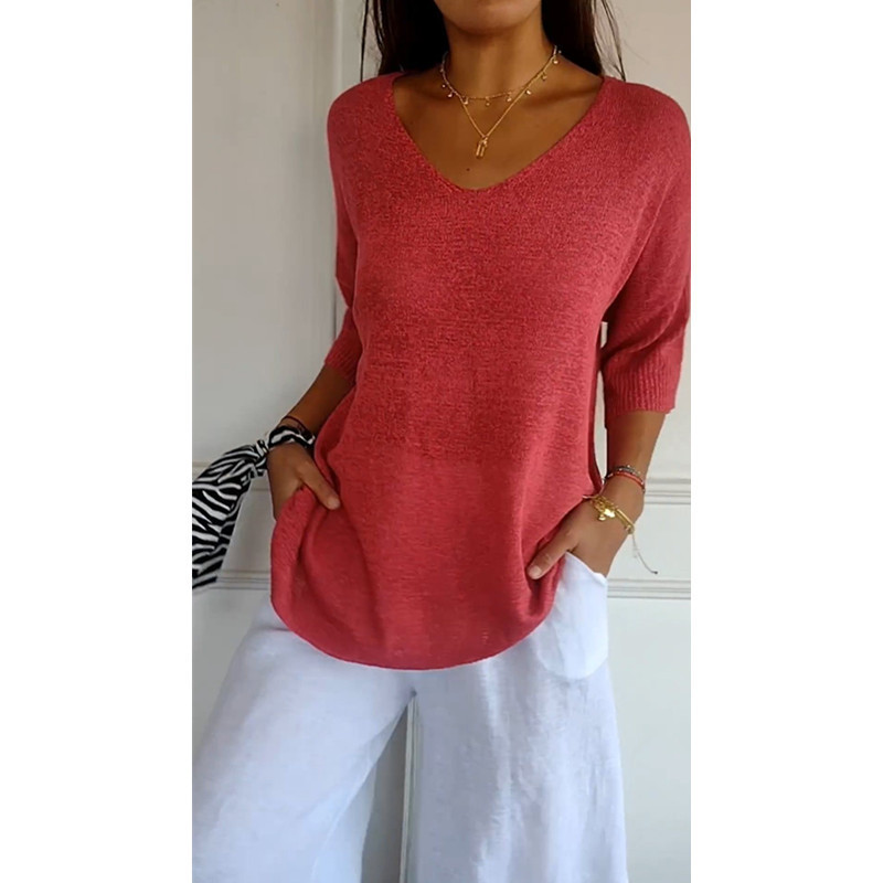 Icone™ KnittedTop: Kvinner V-hals Midt-ermet Lett Strikket Topp