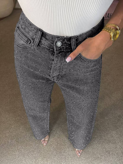 Icone™ SparklingJeans: Rhinsten-utsmykkede Jeans med Høy Midje, Rette Ben og Belte