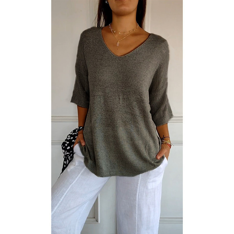 Icone™ KnittedTop: Kvinner V-hals Midt-ermet Lett Strikket Topp