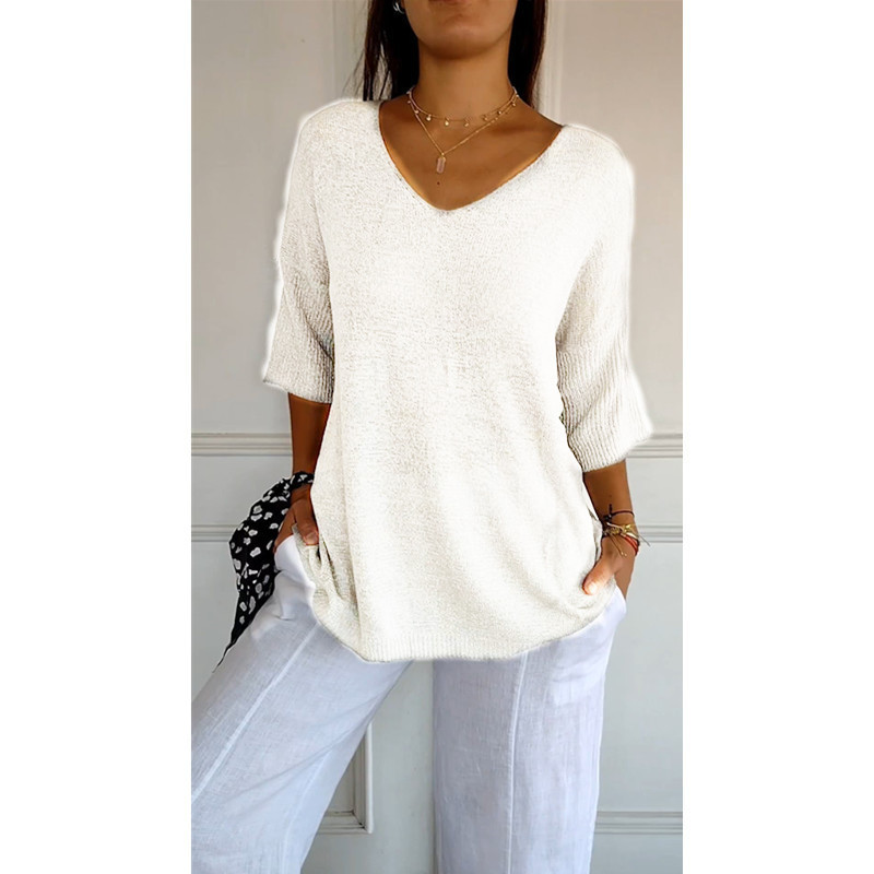Icone™ KnittedTop: Kvinner V-hals Midt-ermet Lett Strikket Topp