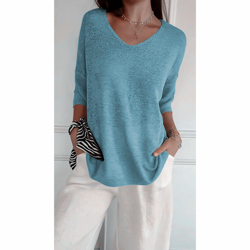 Icone™ KnittedTop: Kvinner V-hals Midt-ermet Lett Strikket Topp