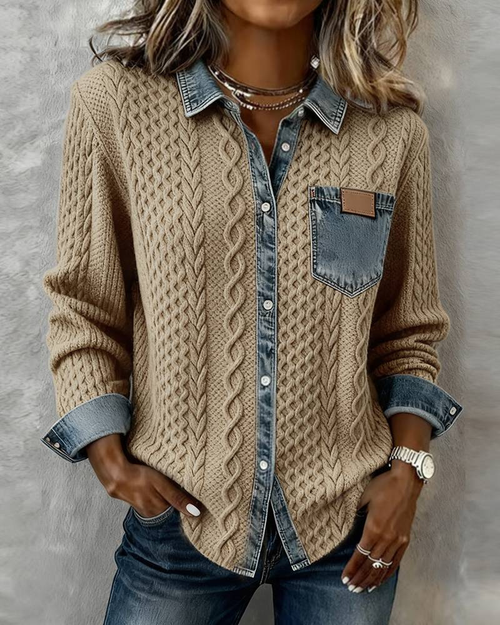 Icone™ DenimKnitwear: Dame med krage patchwork knappe-ned denimstrikk