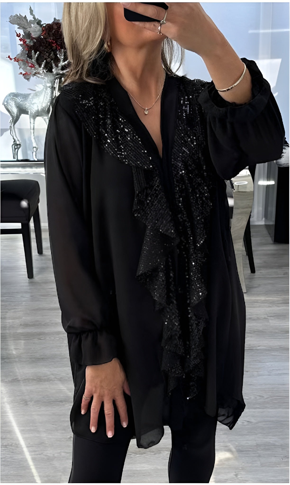 Icone™ SequinBlouse: Dame Rysjet V-hals Løs Passform Lang Paljettbluse