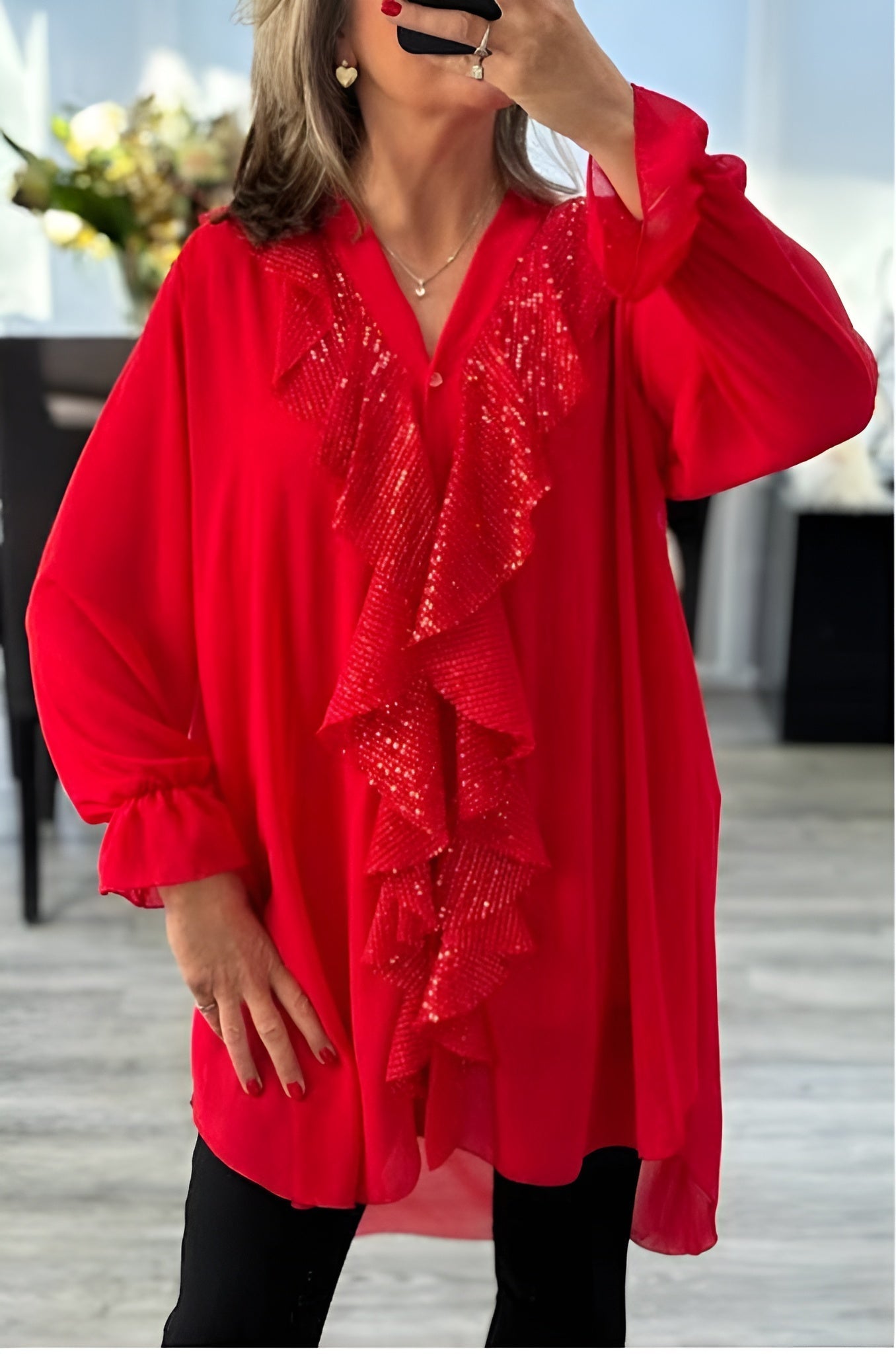 Icone™ SequinBlouse: Dame Rysjet V-hals Løs Passform Lang Paljettbluse