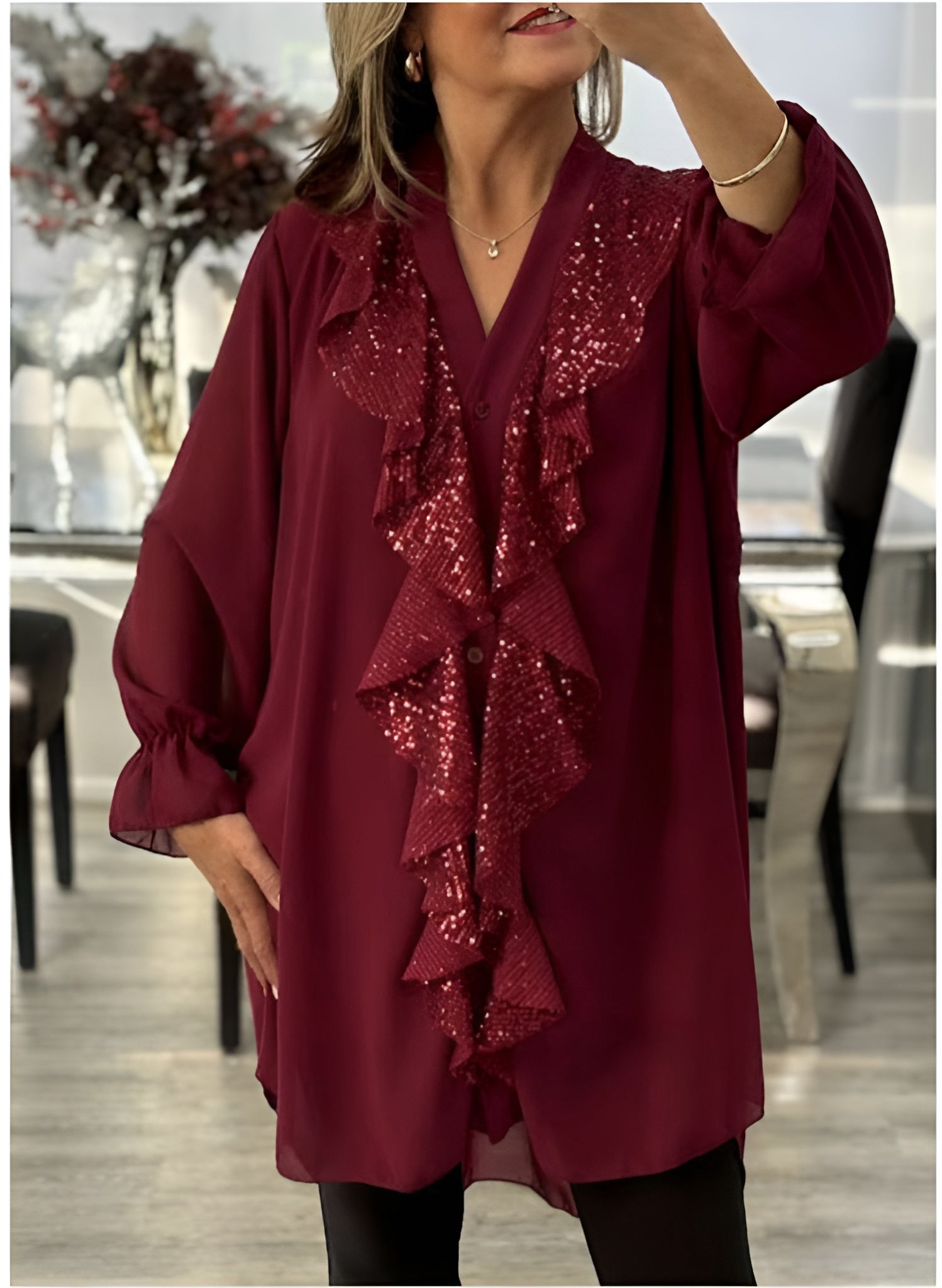 Icone™ SequinBlouse: Dame Rysjet V-hals Løs Passform Lang Paljettbluse