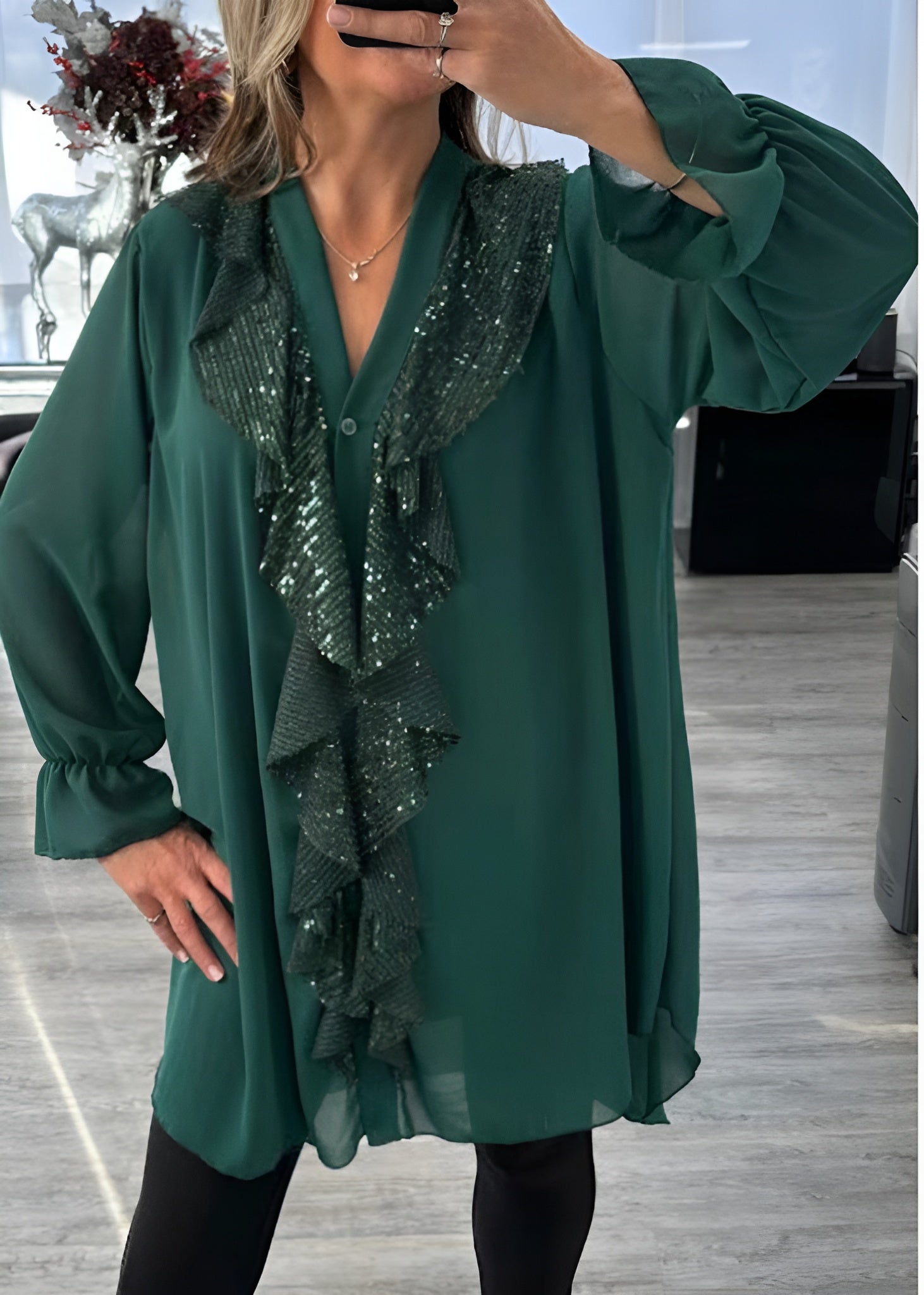Icone™ SequinBlouse: Dame Rysjet V-hals Løs Passform Lang Paljettbluse