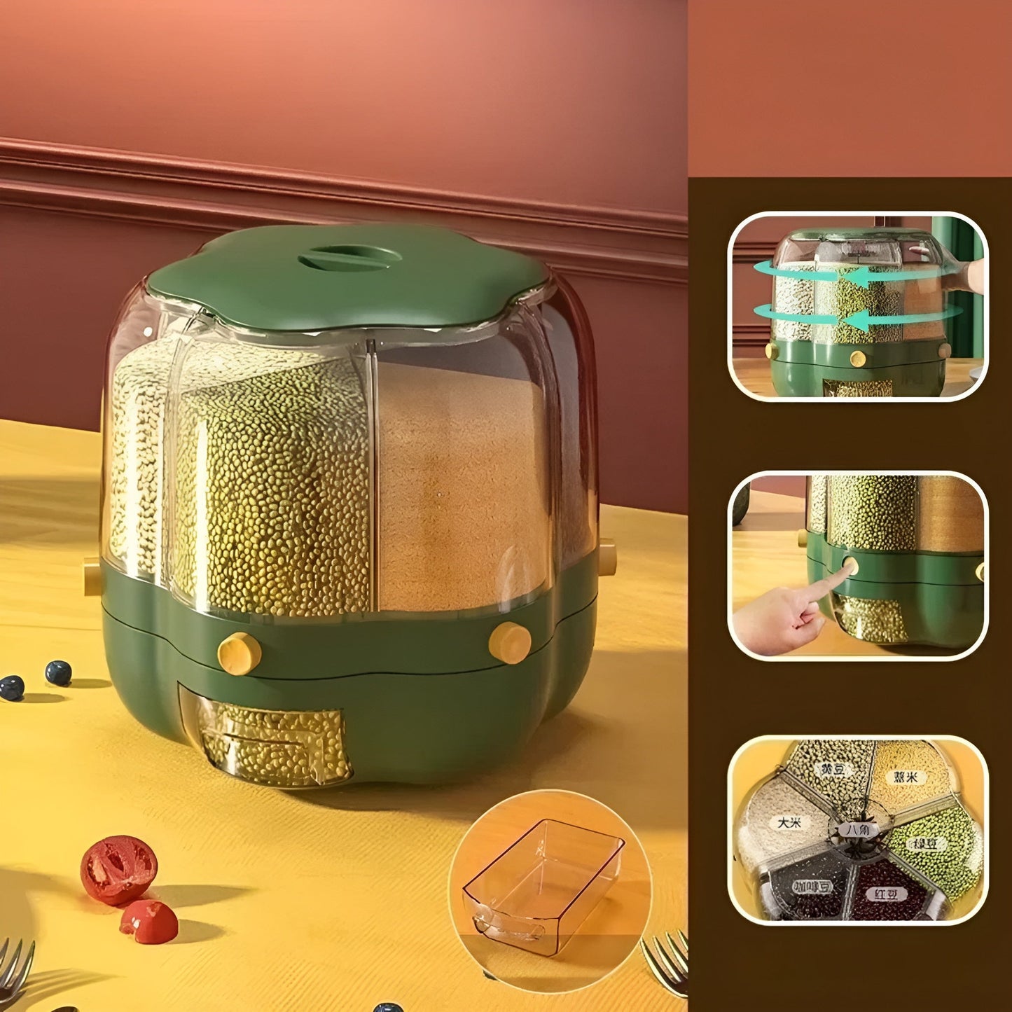 Globetrek° RotatableContainer: Stilfuld Multifunktionel 6-Rums Korn Roterbar Beholder
