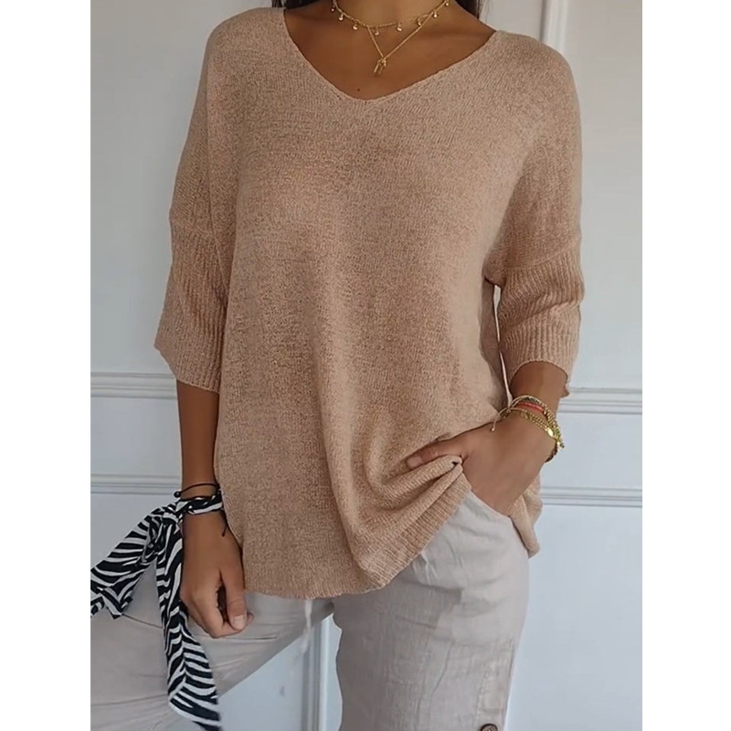 Icone™ KnittedTop: Kvinner V-hals Midt-ermet Lett Strikket Topp
