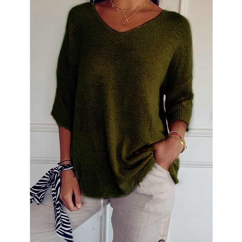 Icone™ KnittedTop: Kvinner V-hals Midt-ermet Lett Strikket Topp