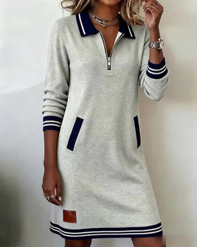 Icone™ ChicDress: Kvinners Uformelle Langermede Halv-glidelås Mini Chic Kjole