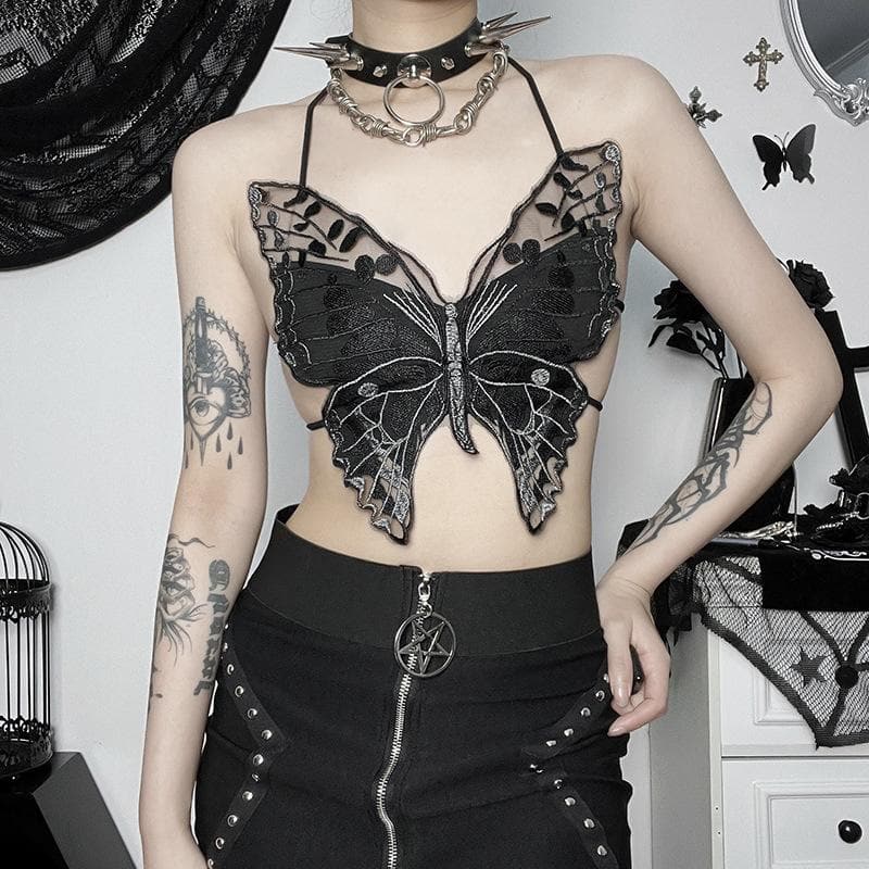 Icone™ ButterflyTop: Stilfuld Broderet Halter Rygløs Sommerfugle Top