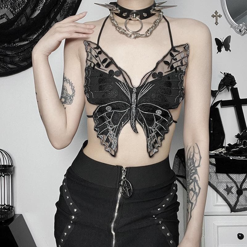 Icone™ ButterflyTop: Stilfuld Broderet Halter Rygløs Sommerfugle Top