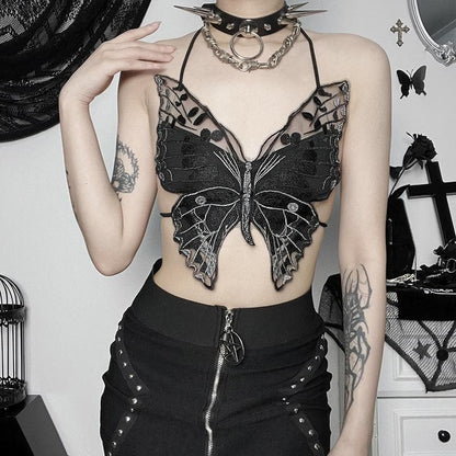 Icone™ ButterflyTop: Stilfuld Broderet Halter Rygløs Sommerfugle Top