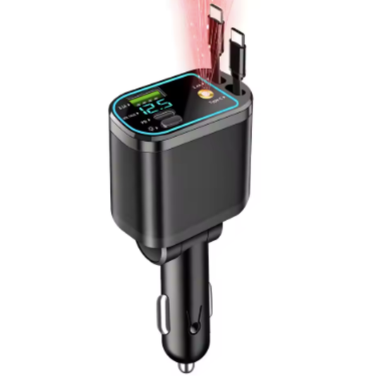 CarCharger: 5-i-1 Ladeport Uttrekkbar Kabel Rask Billader