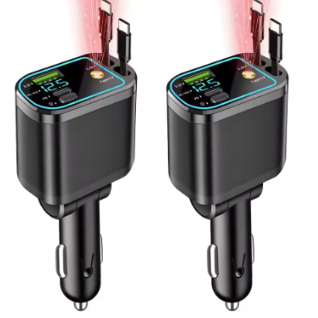 CarCharger: 5-i-1 Ladeport Uttrekkbar Kabel Rask Billader