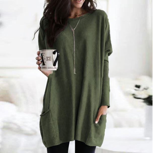 Icone™ PocketBlouse: Lang Erme Løs Avslappet Lommebluse