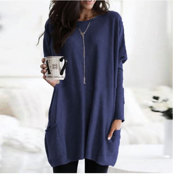 Icone™ PocketBlouse: Lang Erme Løs Avslappet Lommebluse