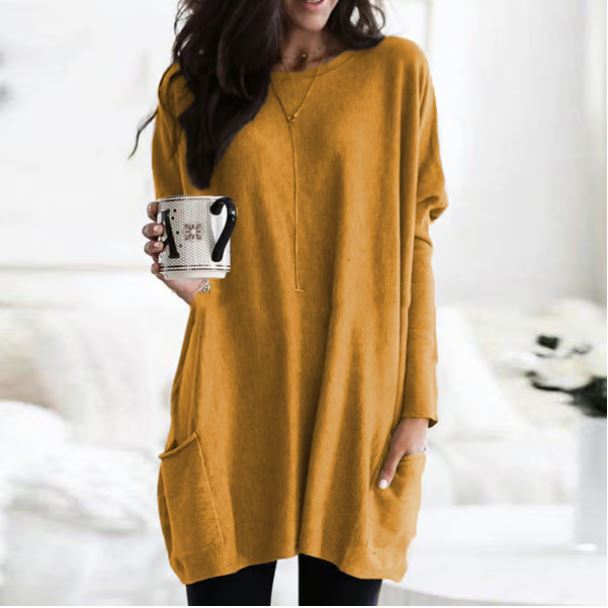 Icone™ PocketBlouse: Lang Erme Løs Avslappet Lommebluse