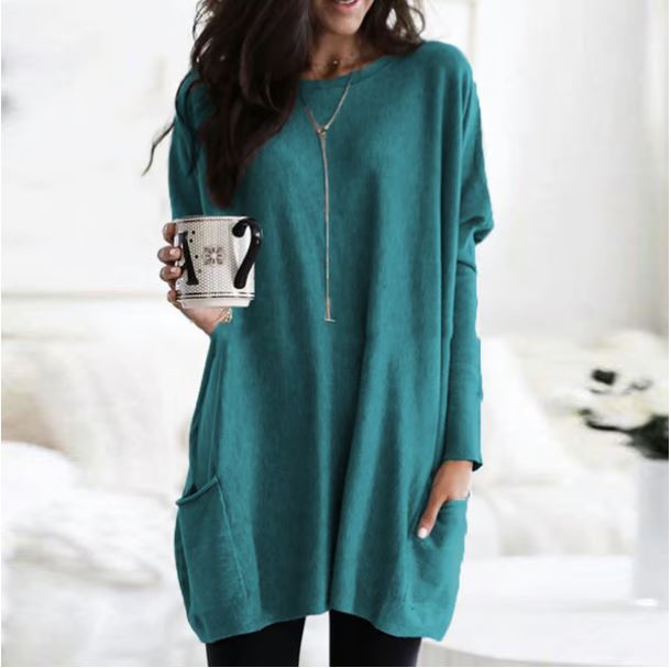 Icone™ PocketBlouse: Lang Erme Løs Avslappet Lommebluse