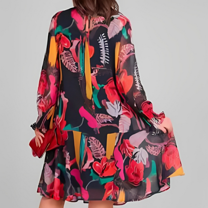 Icone™ FlowerDress: Langermet Løs Passform Blomsterprintkjole