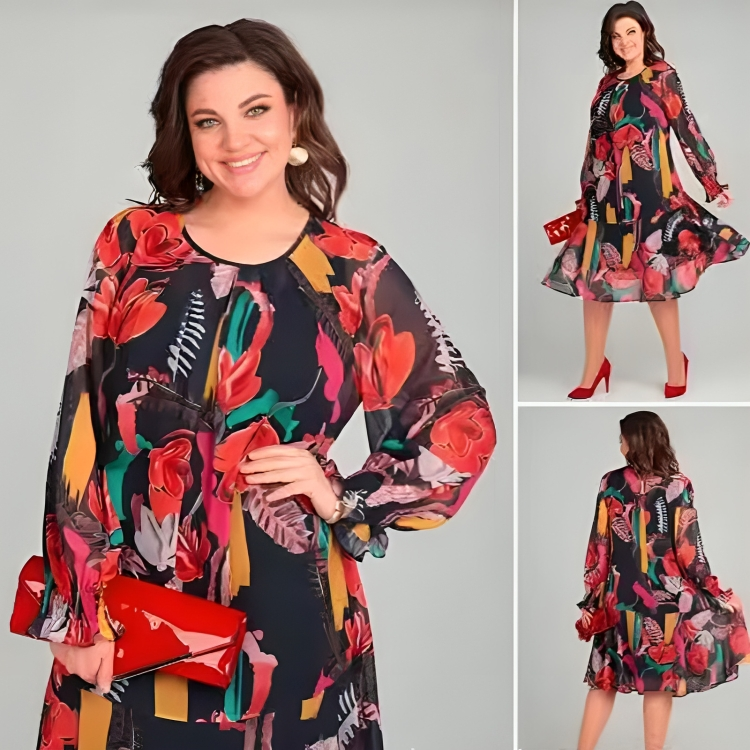 Icone™ FlowerDress: Langermet Løs Passform Blomsterprintkjole