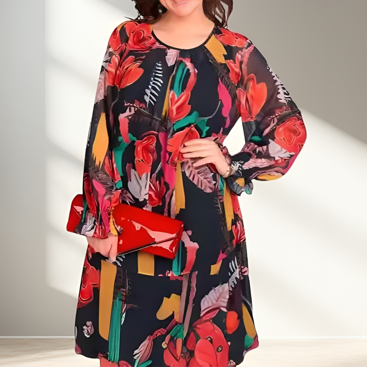 Icone™ FlowerDress: Langermet Løs Passform Blomsterprintkjole