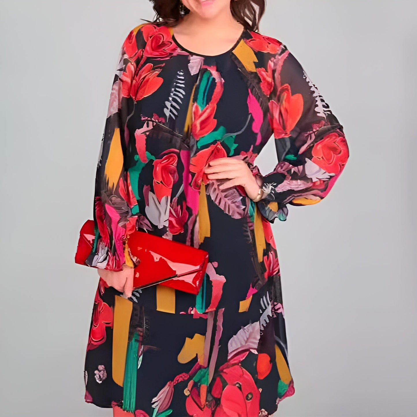 Icone™ FlowerDress: Langermet Løs Passform Blomsterprintkjole