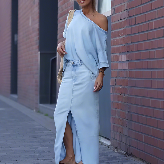 Icone™ FashionSet: Stilfull Off-Shoulder Topp Og Denimskjørt