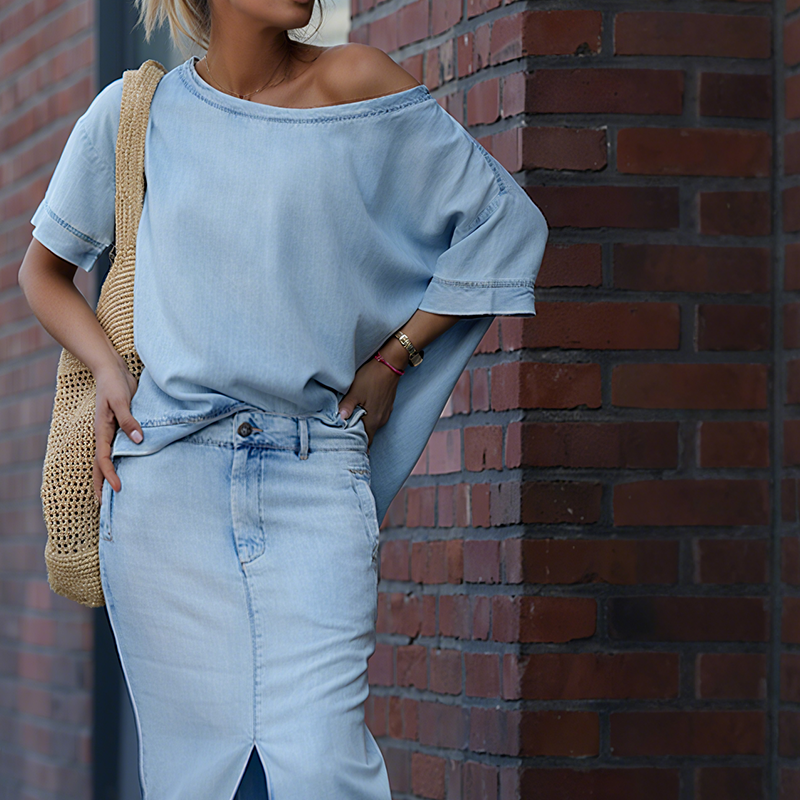 Icone™ FashionSet: Stilfull Off-Shoulder Topp Og Denimskjørt