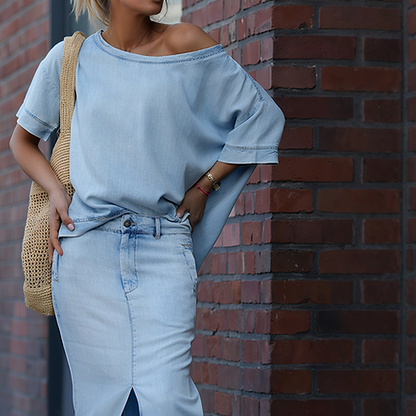Icone™ FashionSet: Stilfull Off-Shoulder Topp Og Denimskjørt