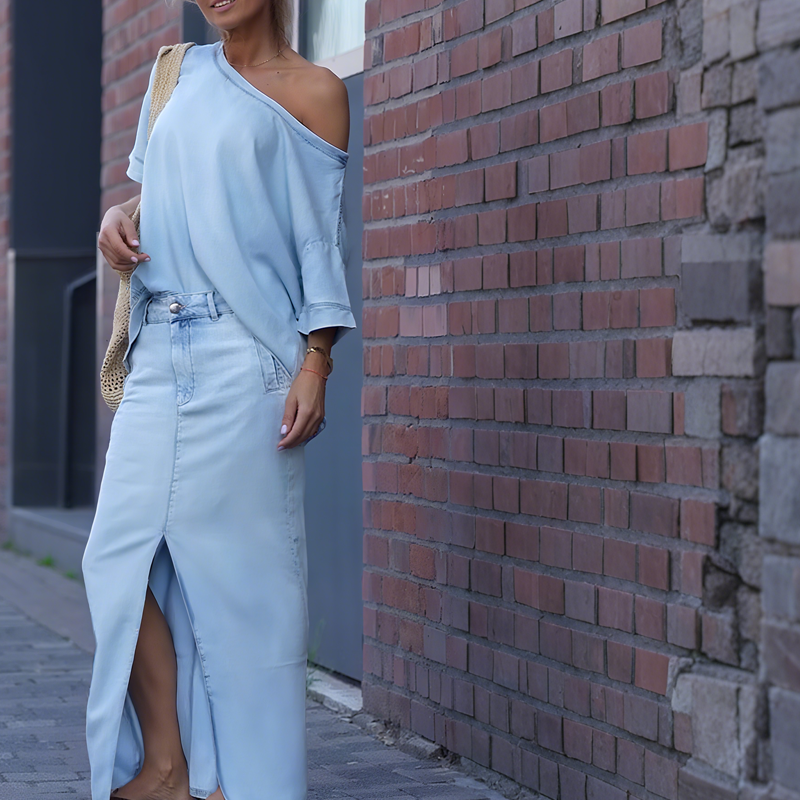 Icone™ FashionSet: Stilfull Off-Shoulder Topp Og Denimskjørt
