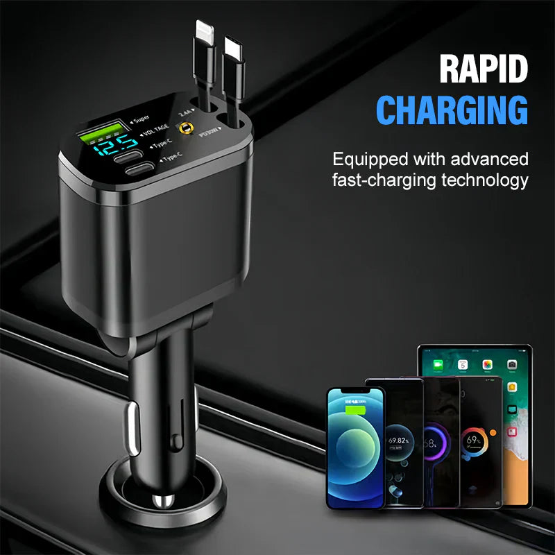 CarCharger: 5-i-1 Ladeport Uttrekkbar Kabel Rask Billader
