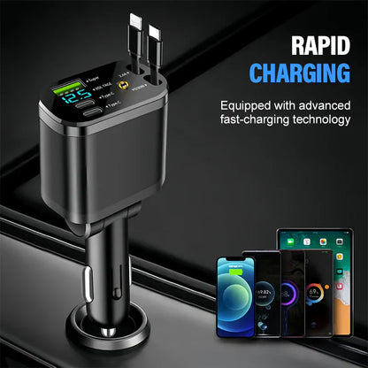 CarCharger: 5-i-1 Ladeport Uttrekkbar Kabel Rask Billader