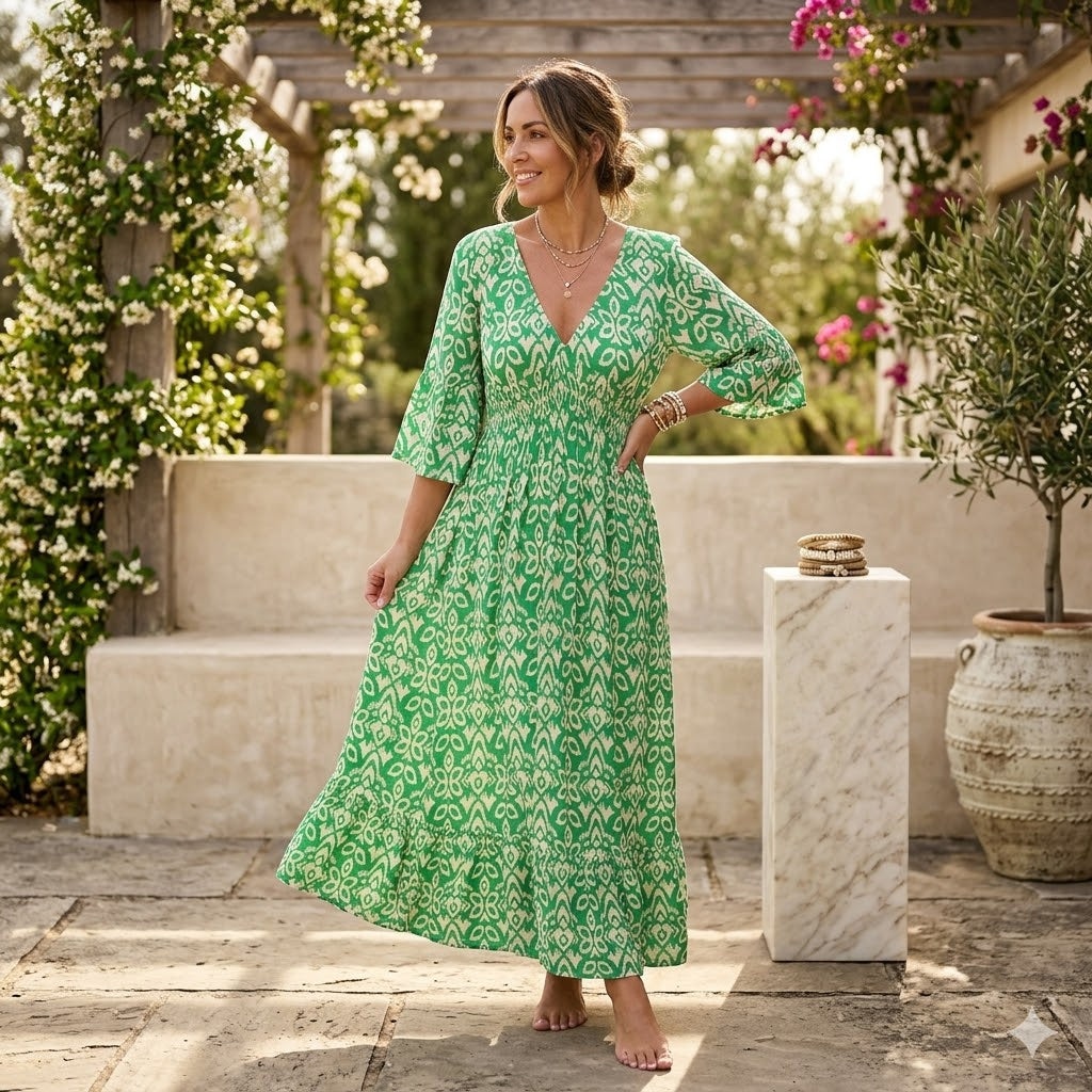 Icone™ SummerDress - Elegant Flowy Printet V-Hals Maxi Sommerkjole